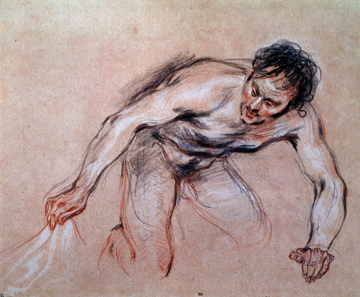 Studie af en nøgen mand, der knæler og trækker i et draperi Tegning a la sanguine af Jean Antoine Watteau (1684-1721) 1700-tallets søn. 0,24x0,29 m Paris, Musée du Louvre af Jean Antoine Watteau