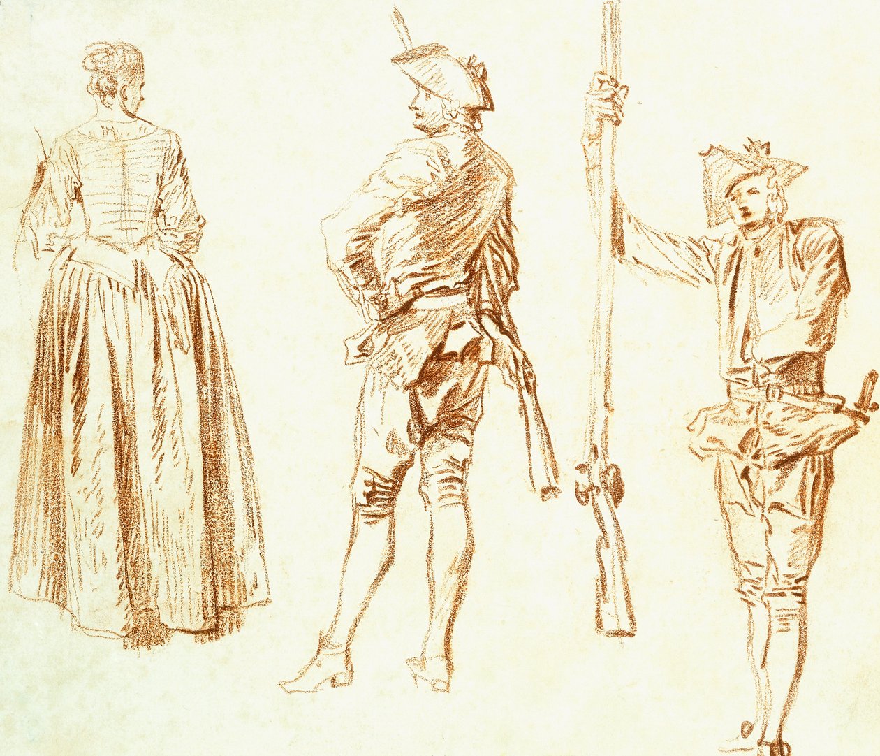 Studie af en ung kvinde og to jægere, c.1712-13 af Jean Antoine Watteau