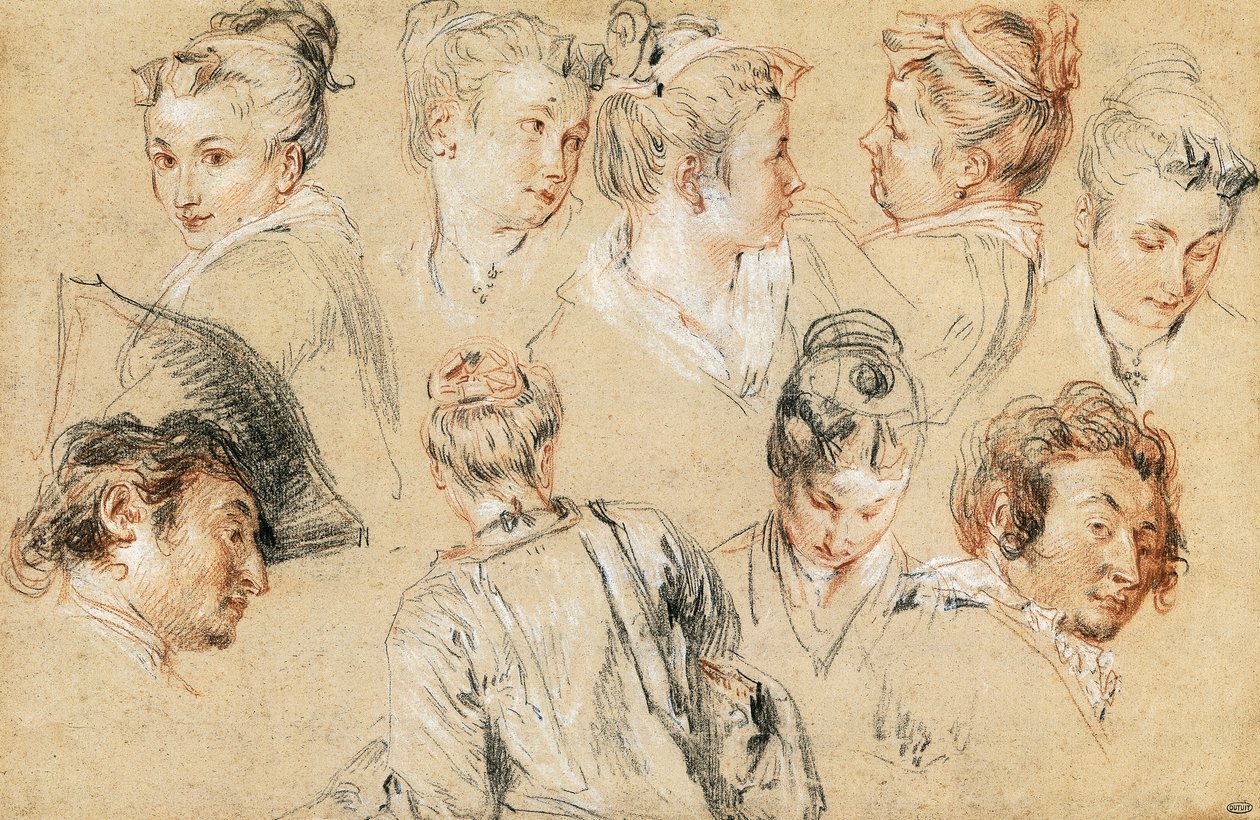Studie af hoveder af Jean-Antoine Watteau (1684-1721), tegning af Jean Antoine Watteau