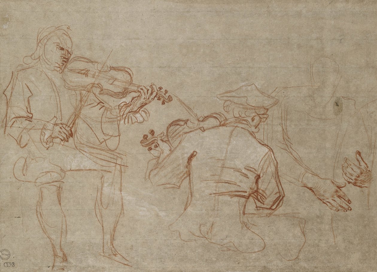 Studie af to violinister og et par hænder, der holder en arm (rød og hvid kridt på papir) af Jean Antoine Watteau