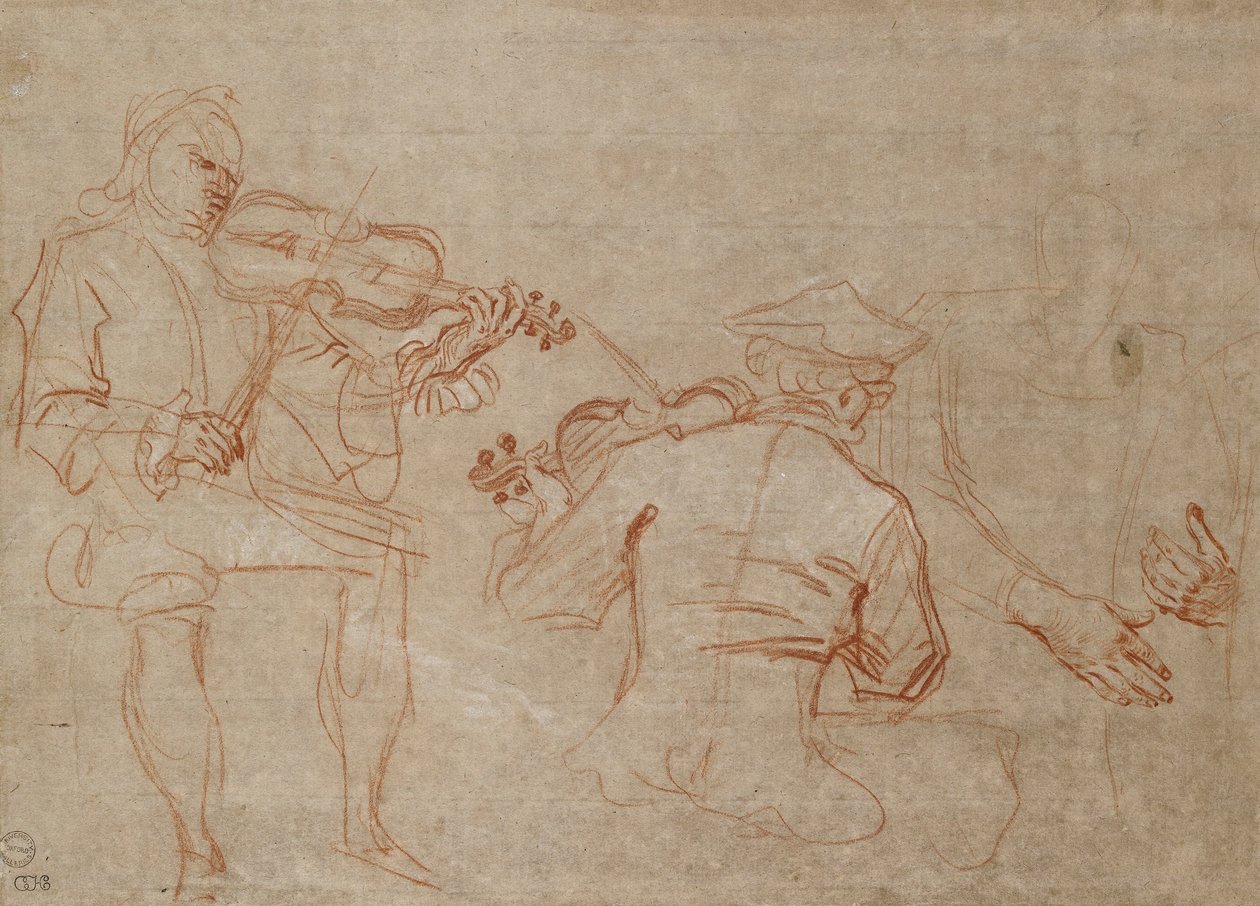 Studie af to violinister og et par hænder, der holder en arm, til højre, omkring 1716 af Jean Antoine Watteau