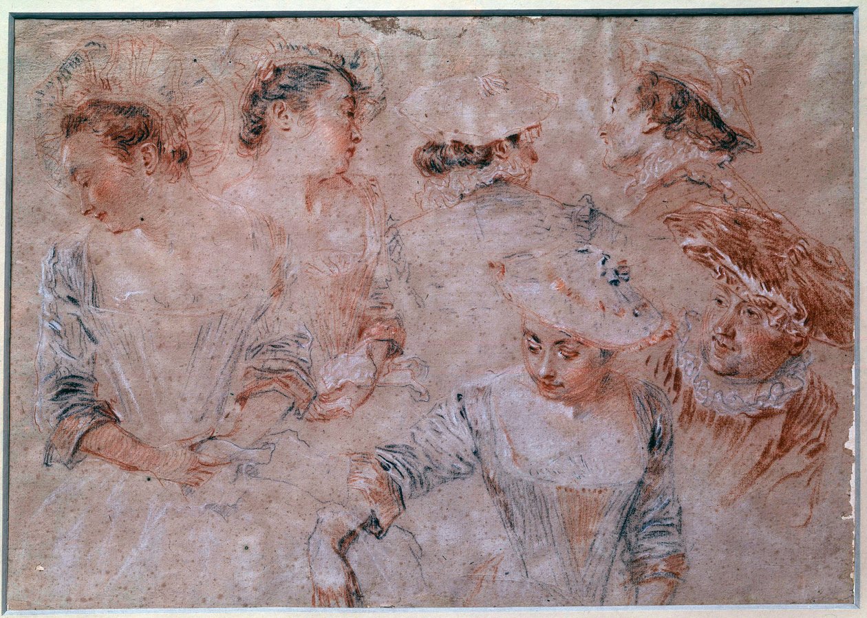 Studie af unge kvindefigurer. Detalje af halsen på kvinder, men også af mænd, der ledsager kvinder. Blyantstegning udført af Jean Antoine Watteau (1684-1721) 1700-tallets Paris, Louvre-museet af Jean Antoine Watteau