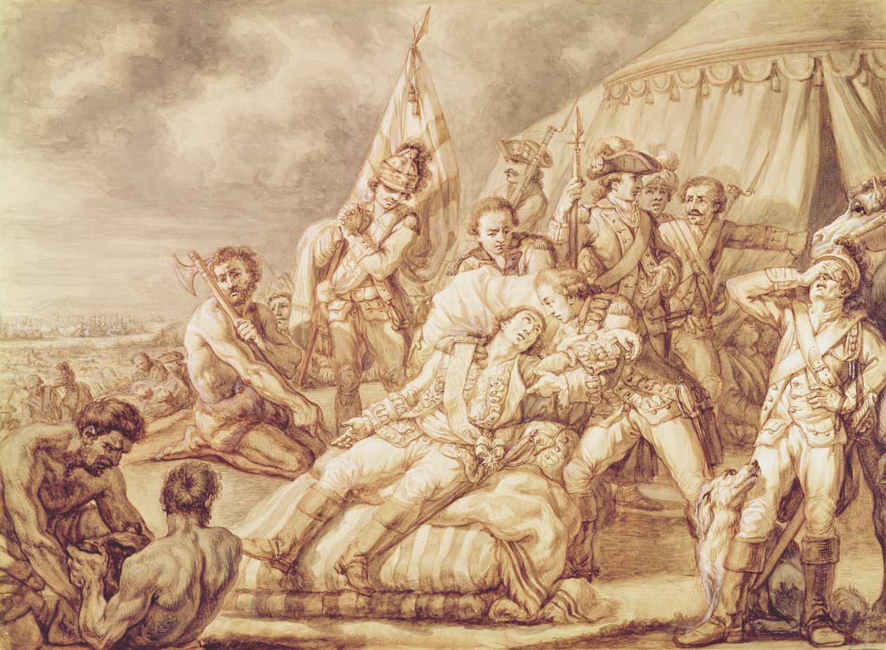 Marquis de Montcalm de Saint-Verans død (1712-59) (pen og blækvask med kropsfarve på papir) af Jean Antoine Watteau