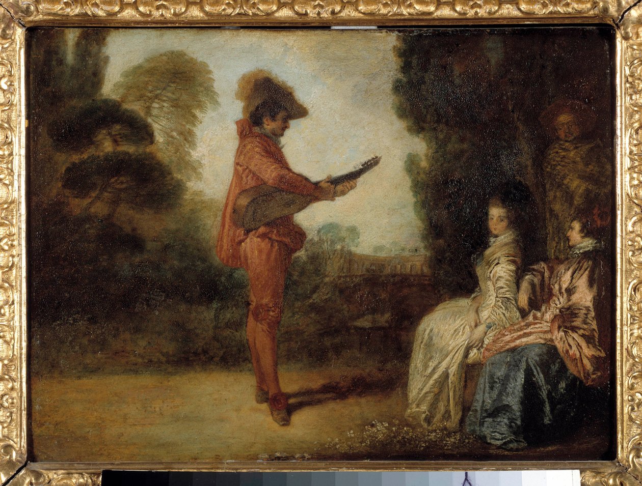 The Enchanting En ung musiker, der forfører to unge kvinder med sin musik. Maleri af Jean Antoine Watteau (1684-1721) af Jean Antoine Watteau