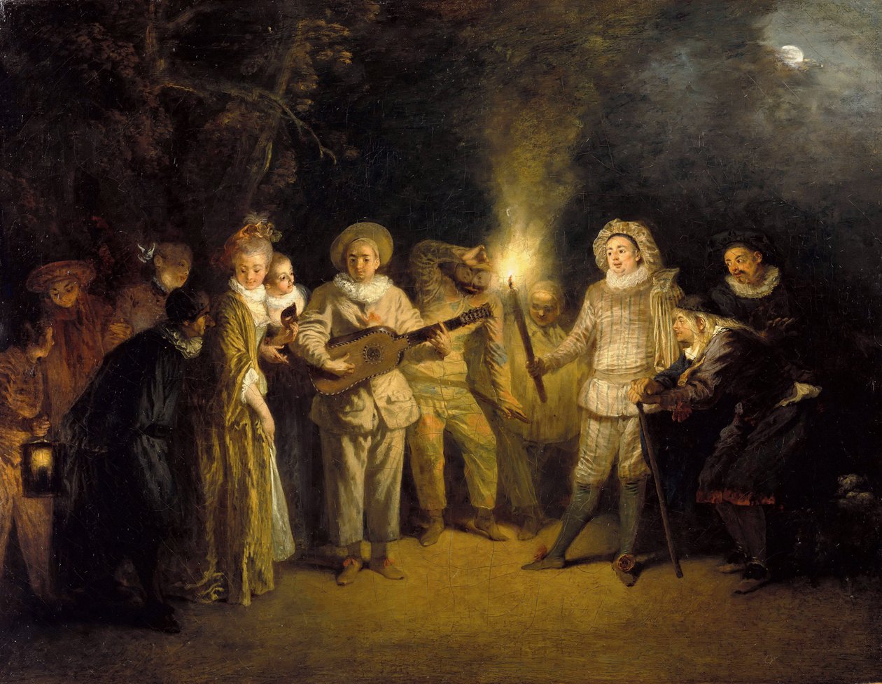 Den italienske komedie - Peinture de Jean Antoine (Jean-Antoine) Watteau (1684-1721), efter 1716 - Olie på lærred, 37x48 - Staatliche Museen, Berlin af Jean Antoine Watteau