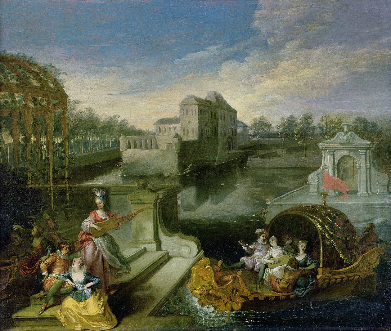 Foråret: Fete Champetre i en vandhave med figurer i en båd af Jean Antoine Watteau