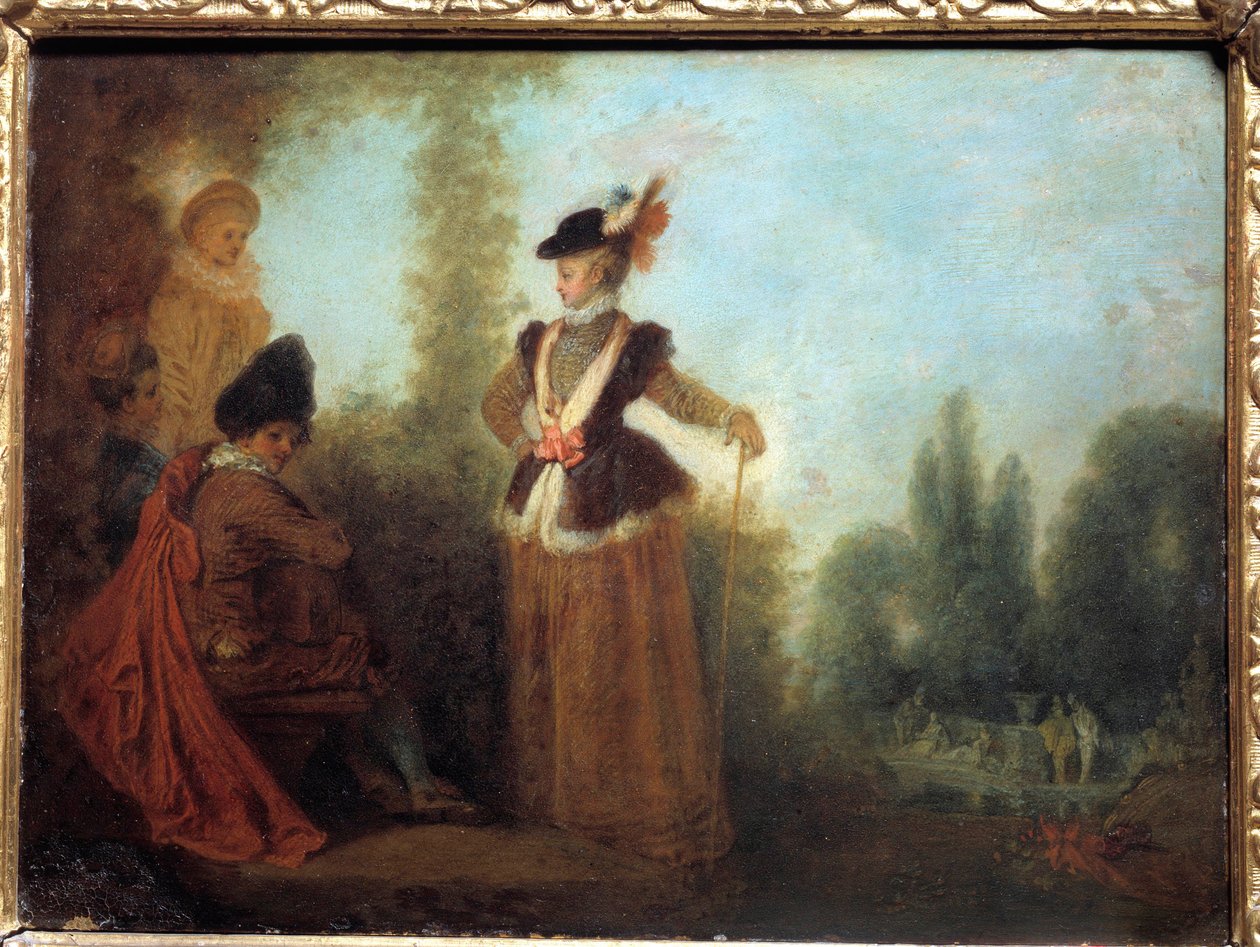 Eventyreren En stilfuld ung kvinde i rejsedragt. Maleri af Jean Antoine Watteau (1684-1721) Troyes musee des Beaux Arts fra det 18. århundrede af Jean Antoine Watteau
