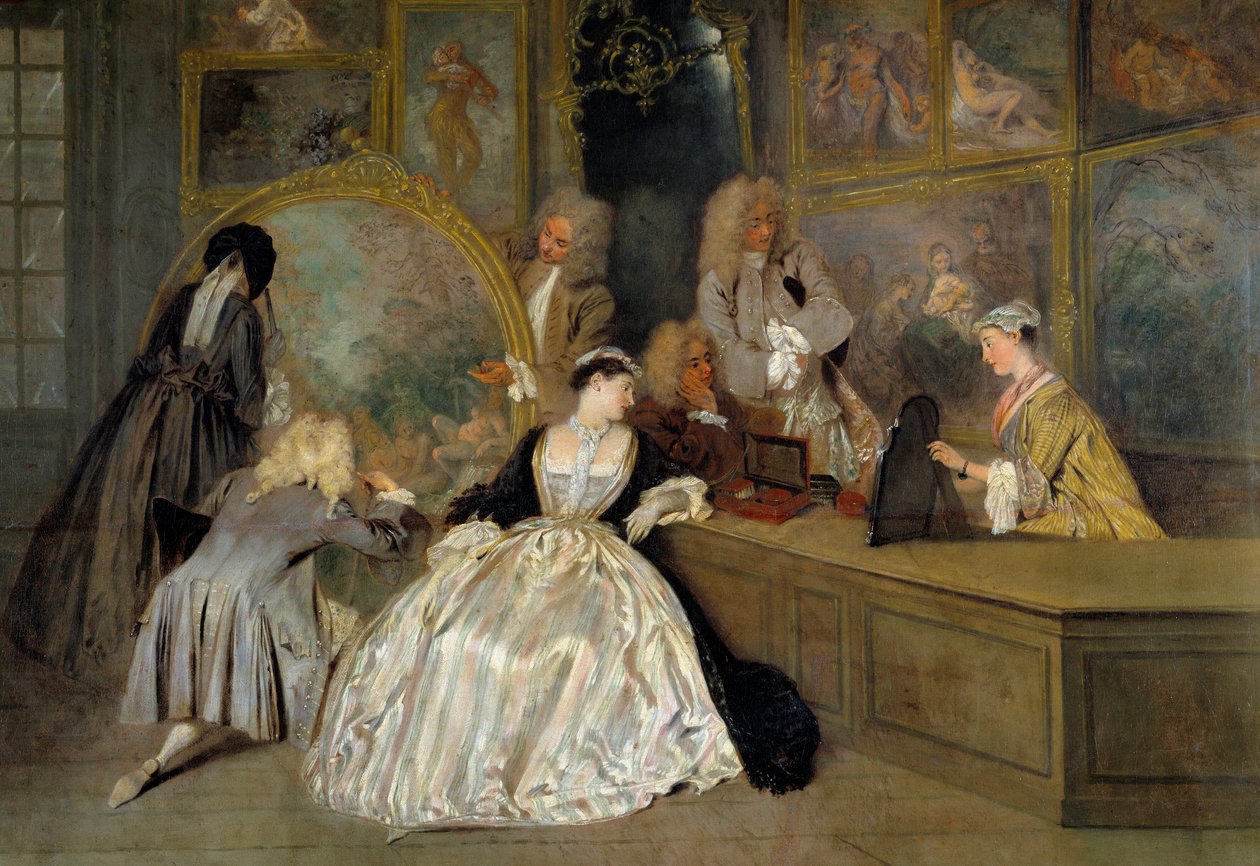 Valget. Den rigtige detalje af tegnet Gersaint. Karakterer i en kunstbutik, der vælger de værker, de vil købe. Edme Francois Gersaint (1694-1750), malerhandler, hvis galleri ligger i Paris på broen Notre-Dame. Maleri af Jean Antoine Watt af Jean Antoine Watteau