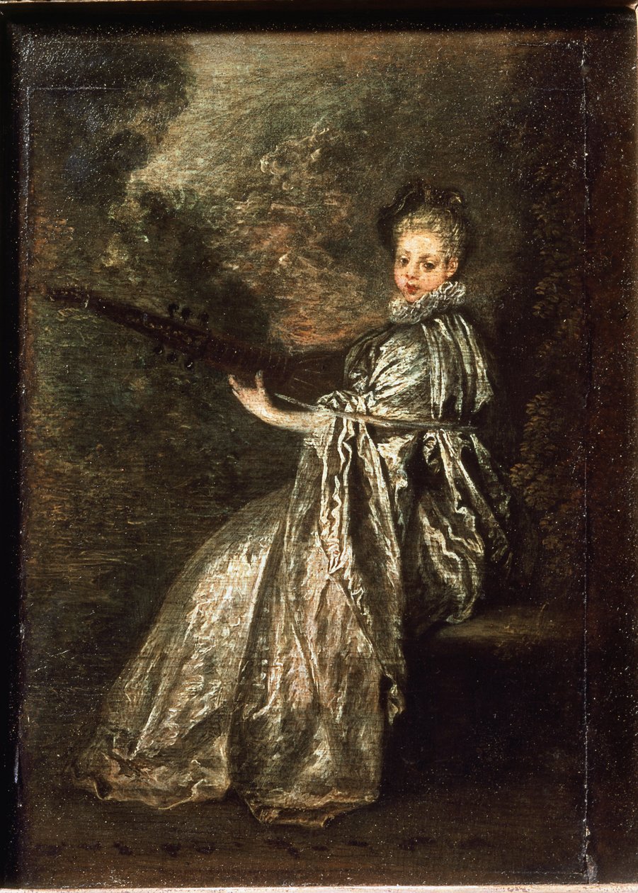 Finettepigen, der spiller et strygeinstrument - olie på lærred af Jean Antoine Watteau