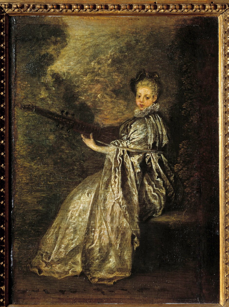 Finettepigen, der spiller et strygeinstrument. Maleri af Jean Antoine Watteau (1684-1721) 1700-tallet søn. 0,25x0,19 m af Jean Antoine Watteau