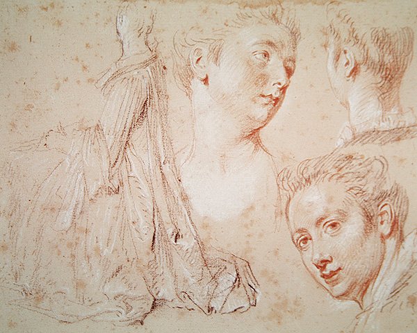 Three Heads and a Seating Woman, ca. 1716 (farveblyant med sort og rød kridt på papir) af Jean Antoine Watteau