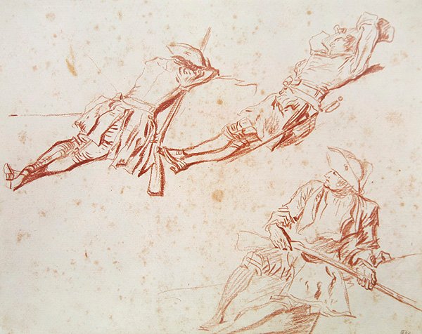 Tre hvilende soldater, 1709 (rødt kridt på papir) af Jean Antoine Watteau