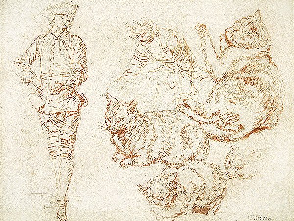 To mænd og fire katte (rødt kridt på papir) af Jean Antoine Watteau