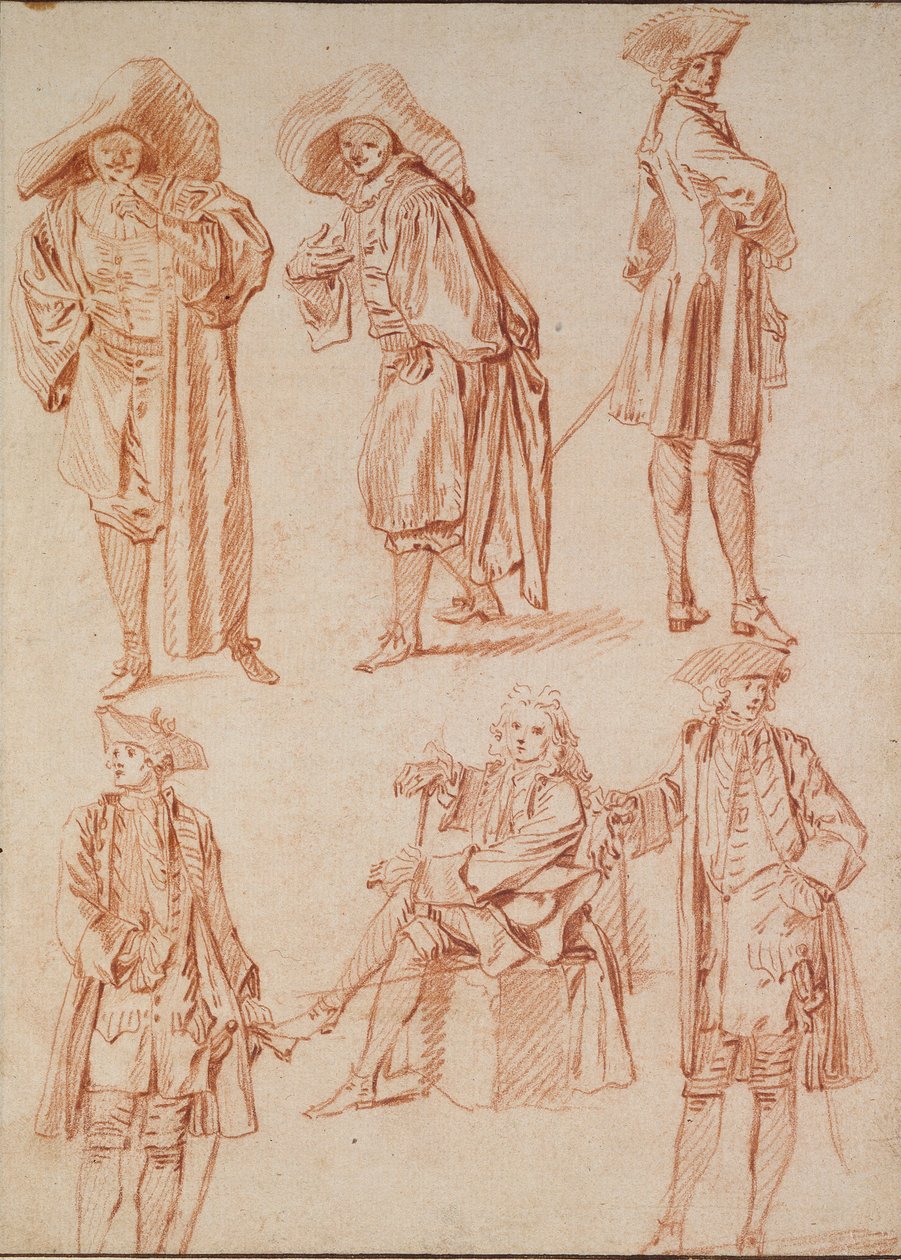 To studier af doktoren i den italienske komedie og fire officerer, 1700-tallet af Jean Antoine Watteau