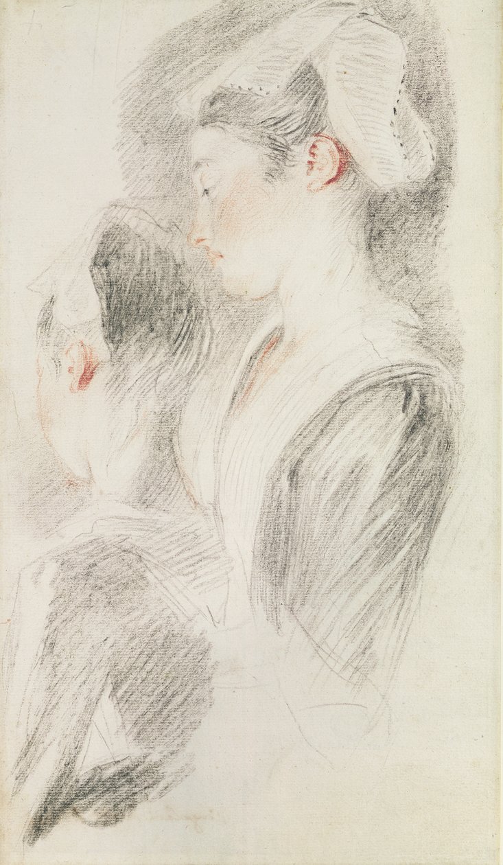 To undersøgelser af en kvinde, tre fjerdedele bagfra, en i profil (sangvinsk og sort kridt på papir) af Jean Antoine Watteau