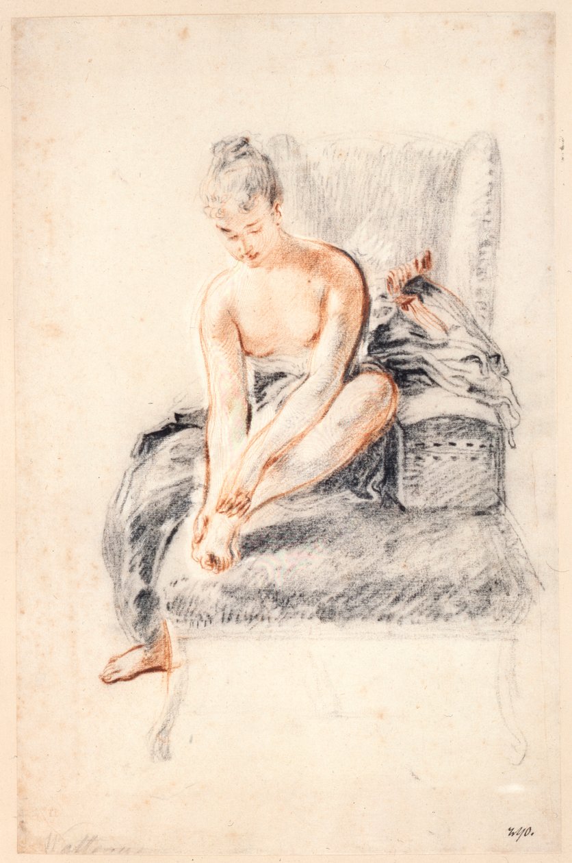 Ung kvinde, nøgen, med den ene fod i hænderne, 1716-18. af Jean Antoine Watteau