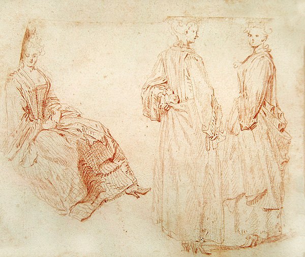 Tre kvinder, en siddende til venstre (rødt kridt på papir) af Jean Antoine Watteau