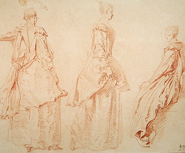 Tre kvinder, en siddende til højre (rødt kridt på papir) af Jean Antoine Watteau