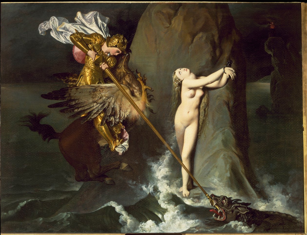Angelica bliver befriet af Roger (Ruggero, Ruggiero) rider på en flodhest (fra Orlando furioso af Ludovico Ariosto) - olie på lærred af Jean Auguste Dominique Ingres