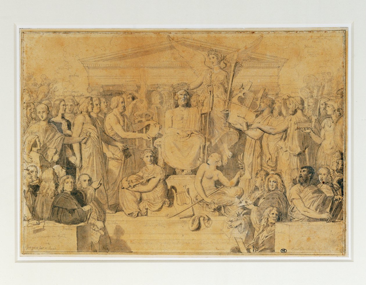 Apotheosis of Homer (blyant, pen, brunt blæk og brun lavering) af Jean Auguste Dominique Ingres