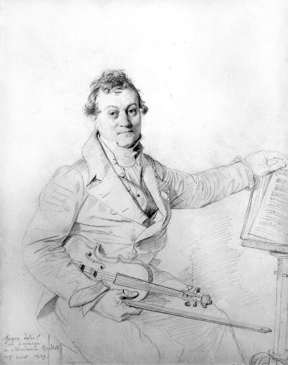 Jean Auguste Dominique Ingres med sin violin. tegning af Jean Auguste Dominique Ingres