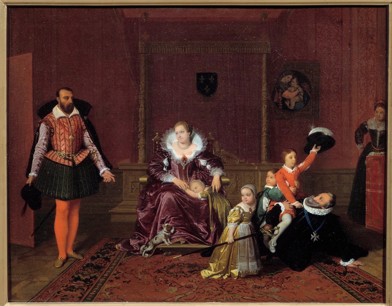 Konge af Frankrig Henrik IV (1553-1610) leger med sine børn foran den spanske ambassadør I midten, dronning Mary af Medicis, er børnene Ludvig XIII, Elizabeth af Frankrig, Christine af Frankrig og Nicolas. Maleri af Jean Auguste Dominique Ing af Jean Auguste Dominique Ingres