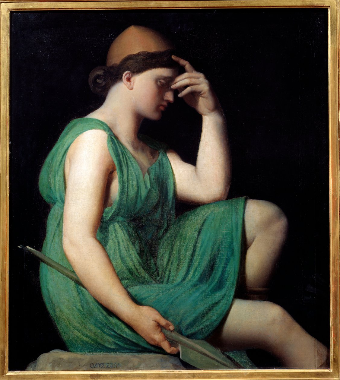 Odyssee. Studie til "Apotheose of Homere"" Allegori som en kvinde i en tunika, der sidder i profil og reflekterer den ene hånd foran hendes ansigt og et spyd i den anden. Maleri af Jean Auguste Dominique Ingres (1780-1867) af Jean Auguste Dominique Ingres