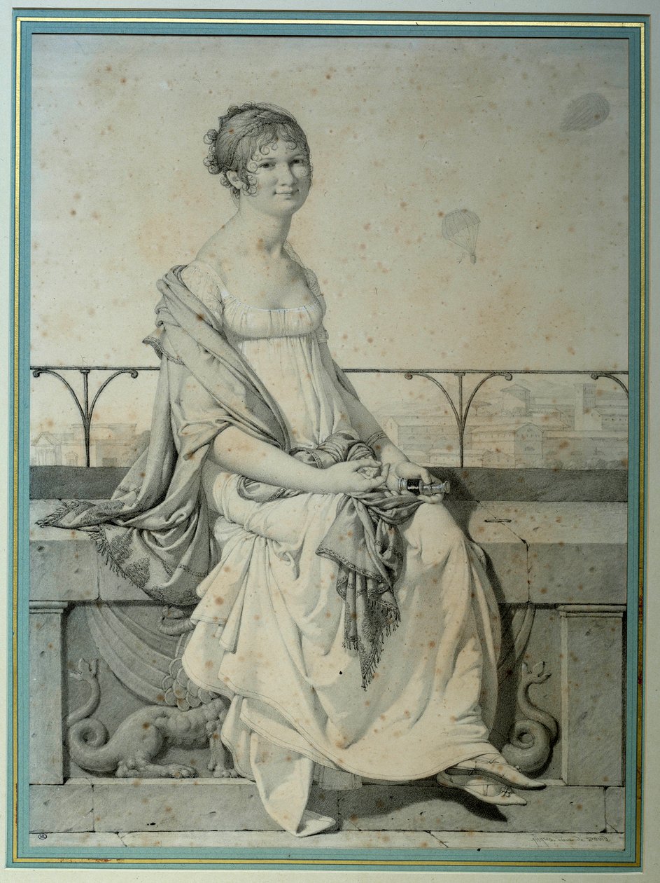 Portræt af Miss Barbara Bansi siddende i et italiensk landskab. Tegning af Jean Auguste Dominique Ingres (1780-1867) af Jean Auguste Dominique Ingres