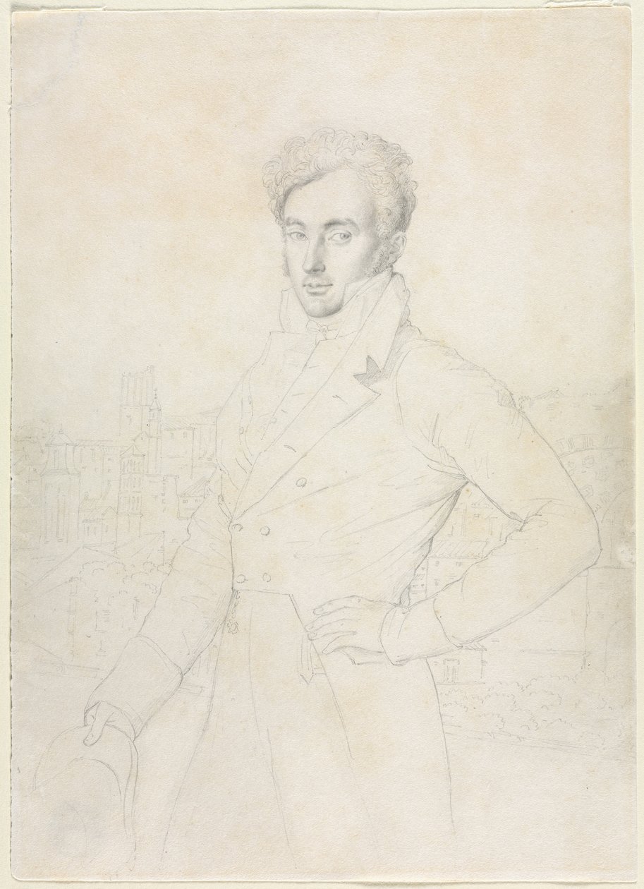 Portræt af en ung mand, der står på Quirinal med Turris Comitum i baggrunden, 1800-tallet. af Jean Auguste Dominique Ingres