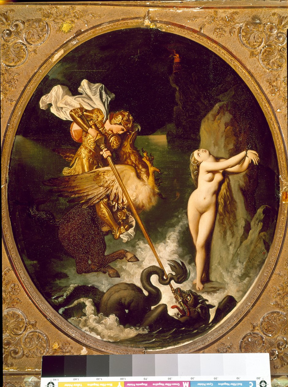 Roger delivrant Angelique Angelique (Angelica) bliver befriet af Roger (Ruggero, Ruggiero) rider på en flodhest - Illustration af X-sangen af "" Furious Roland" (Orlando furioso) af Ludovic Ariosto (Arioste) - Maleri af Jean Auguste Dominique Ingres ( 178 af Jean Auguste Dominique Ingres