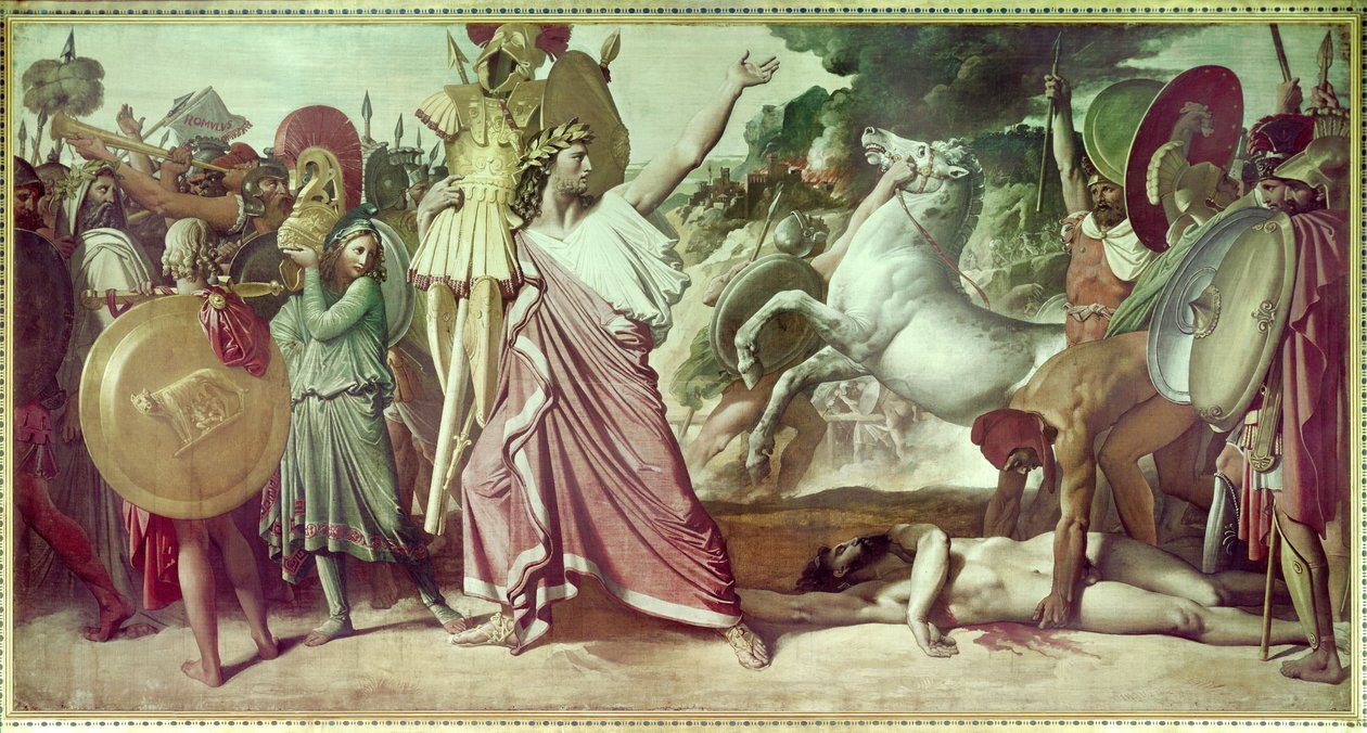 Romulus sejrherre af Acron bærer de opimitiske rester til Jupiters tempel Grundlæggeren af Rom Romulus (Romolo) besejrede Acron, kongen af Ceninians i 748 f.Kr. Maleri af Jean Auguste Dominique Ingres (1780-1867) 1812 Paris, Ecole des beaux arts. af Jean Auguste Dominique Ingres