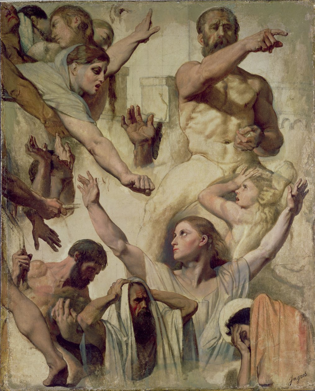 Studier til The Martyrdom of St. Symphorien (Saint, Mother and Proconsul), 1833 (olie over grafit & rødt kridt på lærred) af Jean Auguste Dominique Ingres