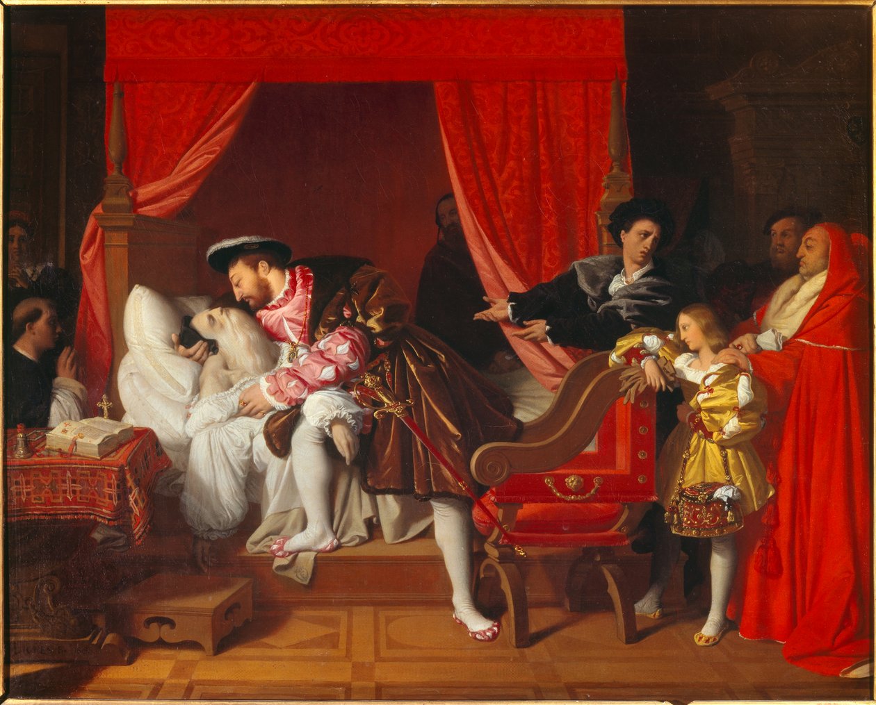 Kongen af Frankrig Francois I (1492-1547) modtager Leonard de Vincis sidste suk ved clos Luce af Jean Auguste Dominique Ingres