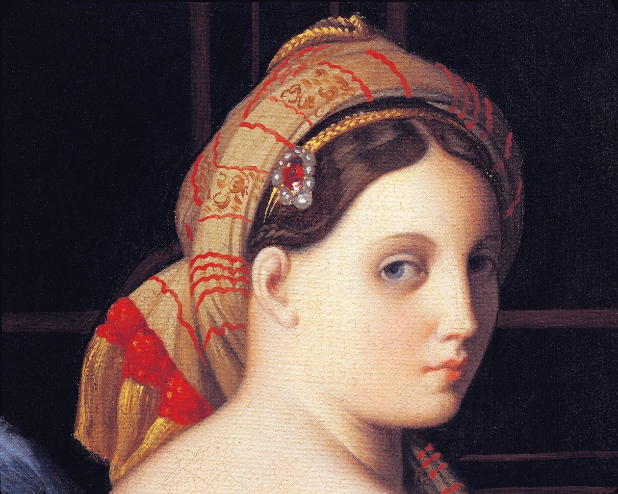 Odaliskens ansigt, detalje fra The Great Odalisque, af Jean Auguste Dominique Ingres, detalje, olie på lærred af Jean Auguste Dominique Ingres