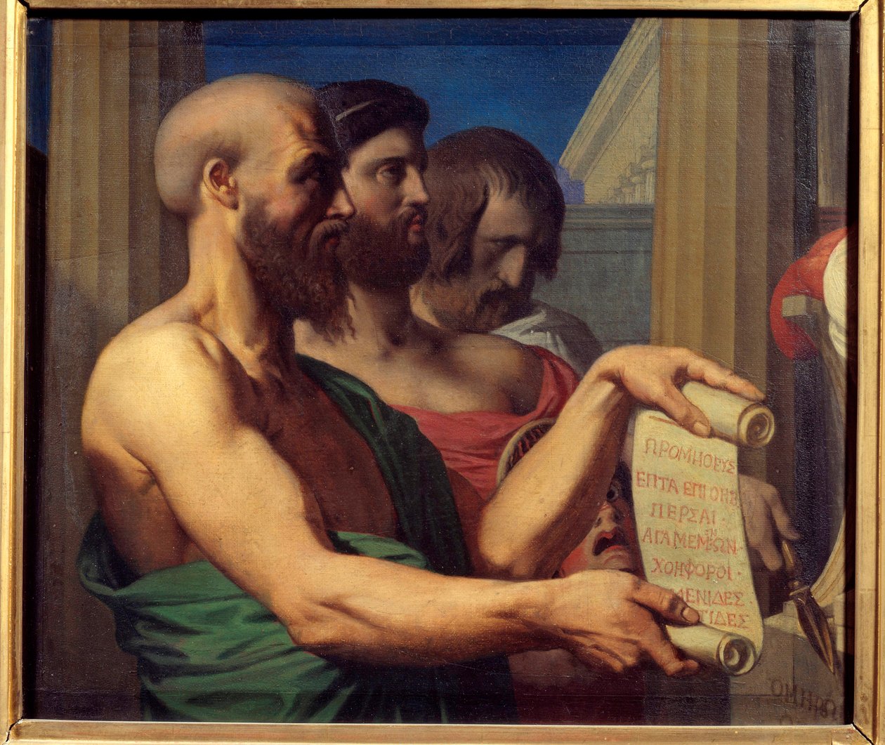 De tragiske græske portrætter af dramatikerne Aschylus (525-456 f.Kr.), Sofokles (495-406 f.Kr.) og Euripides (480-406 f.Kr.). Maleri af Jean Auguste Dominique Ingres (1780-1867) 1866 Angers, Musee des Beaux Arts af Jean Auguste Dominique Ingres