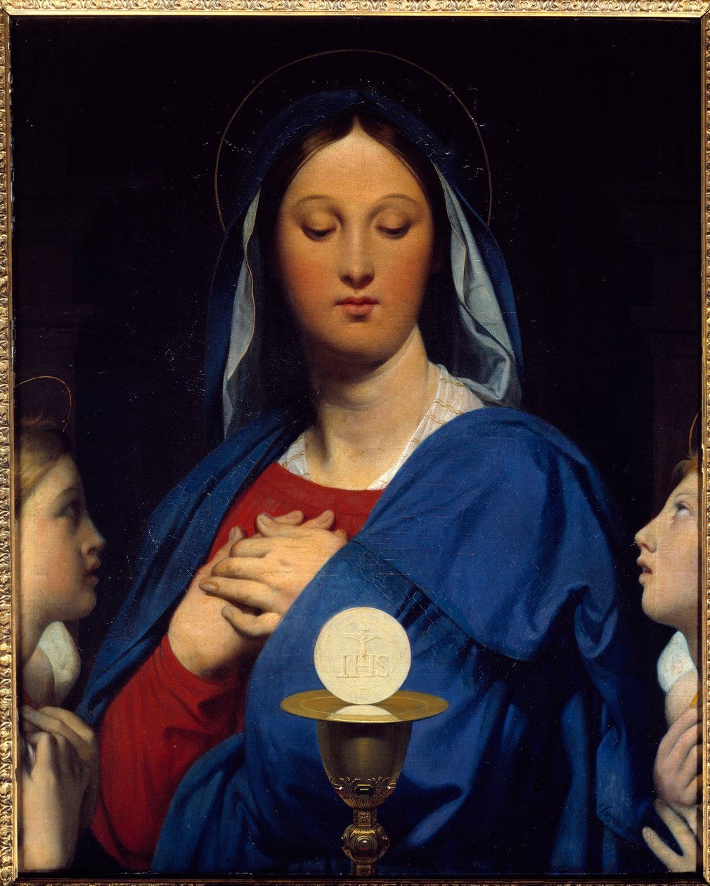 Jomfruen har værten. Symboler for fællesskab: Genstand for eukaristien (værten som Kristi legeme og kalkens vin som hans blod). Maleri af Jean Auguste Dominique Ingres (1780-1867) af Jean Auguste Dominique Ingres