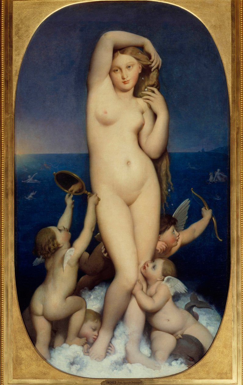 Venus Anadyomene-maleri af Jean Auguste Dominique Ingres (1780-1867) 1800-tallets søn. 1,6x0,9 m Chantilly, musee Conde - Venus Anadyomene. Maleri af Jean Auguste Dominique Ingres (1780-1867) af Jean Auguste Dominique Ingres