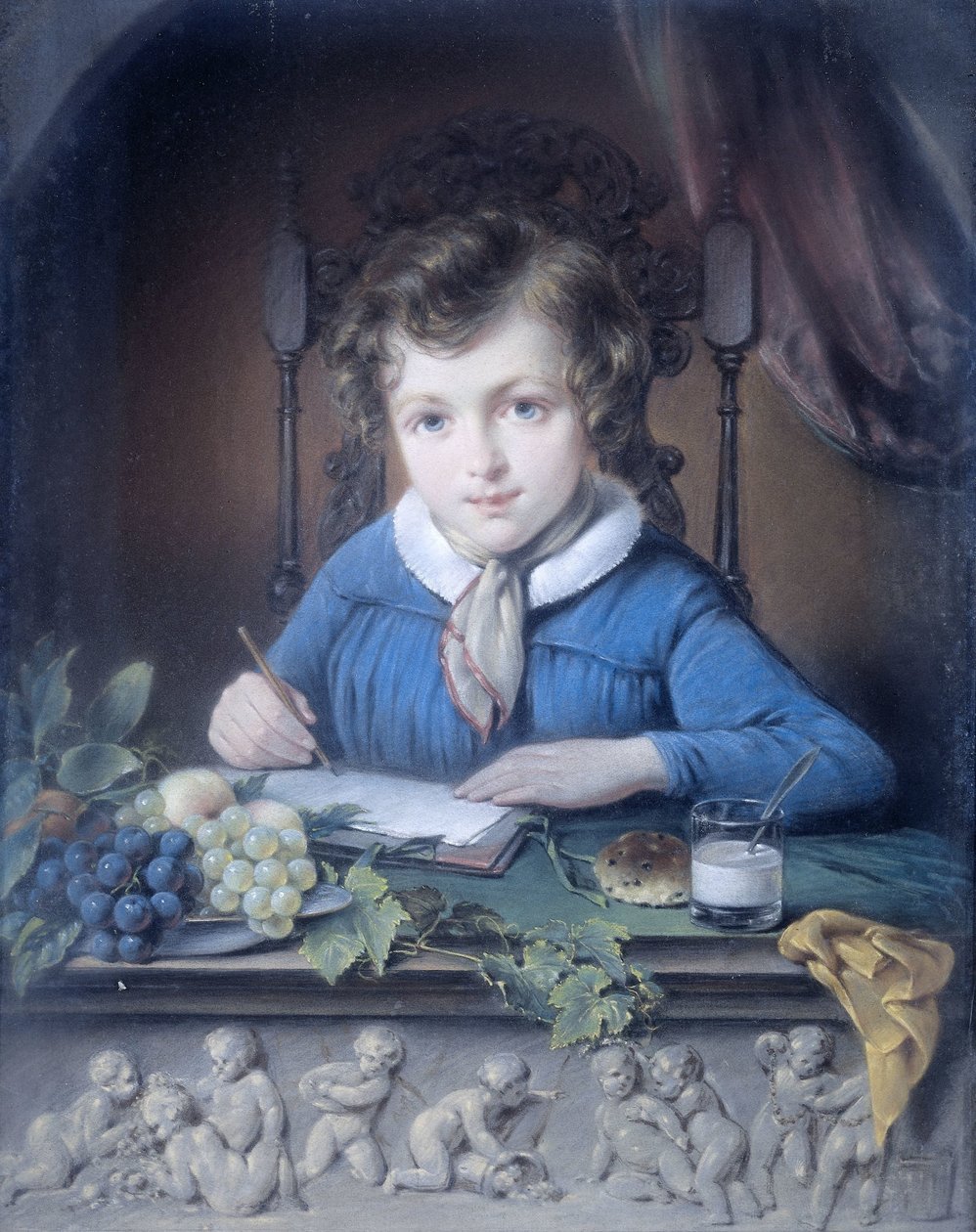 Portræt af en dreng, der sidder i en vinduesniche og iført en blå jakke af Jean Augustin Daiwaille (attributed to)