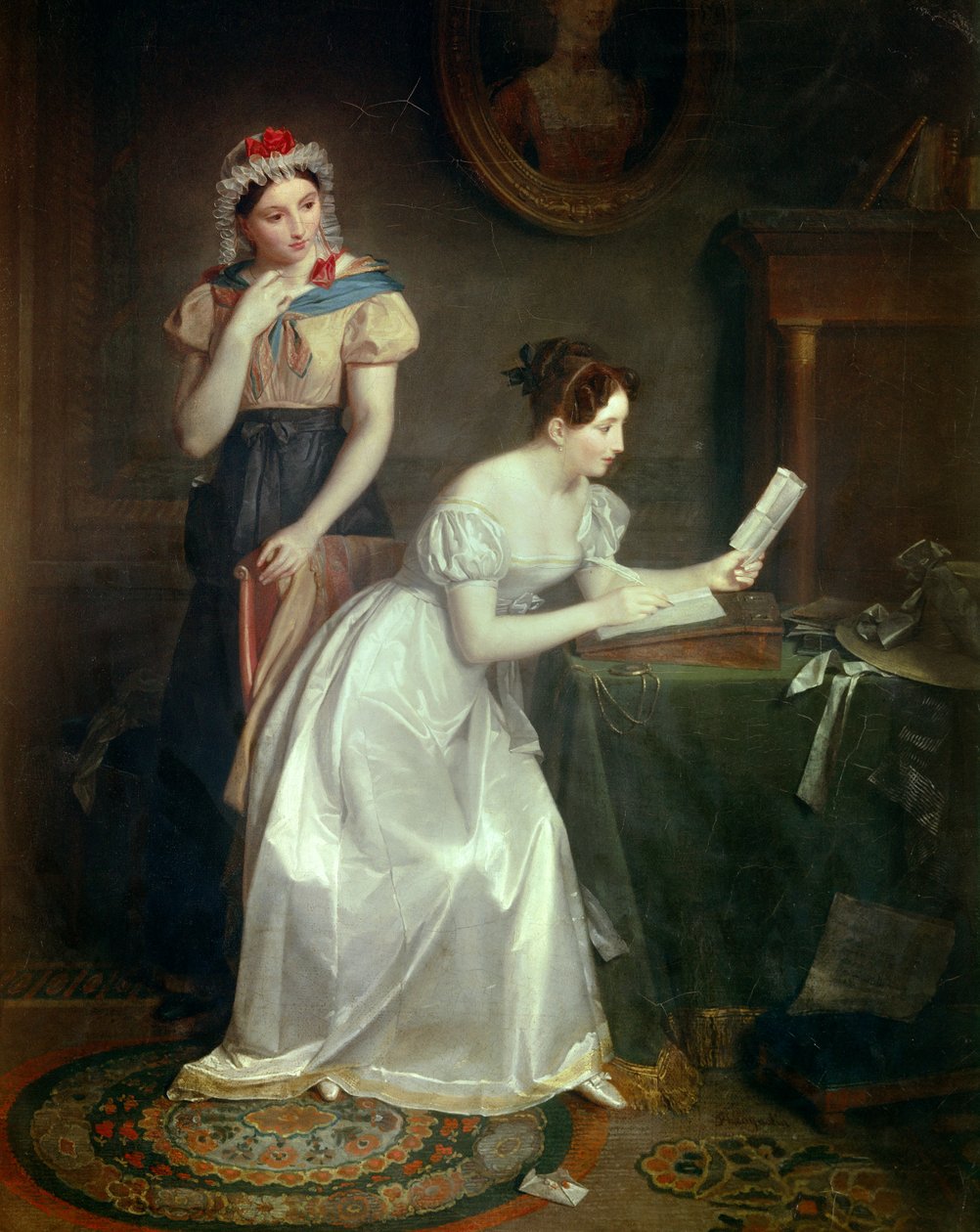 Svaret på brevet En ung kvinde skynder sig at besvare sin elskers brev - Maleri af Jean Augustin (Jean-Augustin) Franquelin (1798-1839) 1800-tallet søn 0,46x0,38 m af Jean Augustin Franquelin