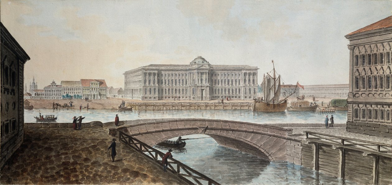 Udsigt over Kunstakademiet fra Neva i Sankt Petersborg - Værk af Jean Balthazard de la Traverse (anden halvdel af det 18. århundrede), akvarel og gouache på papir, slutningen af ​​1790, af Jean Balthazard de la Traverse