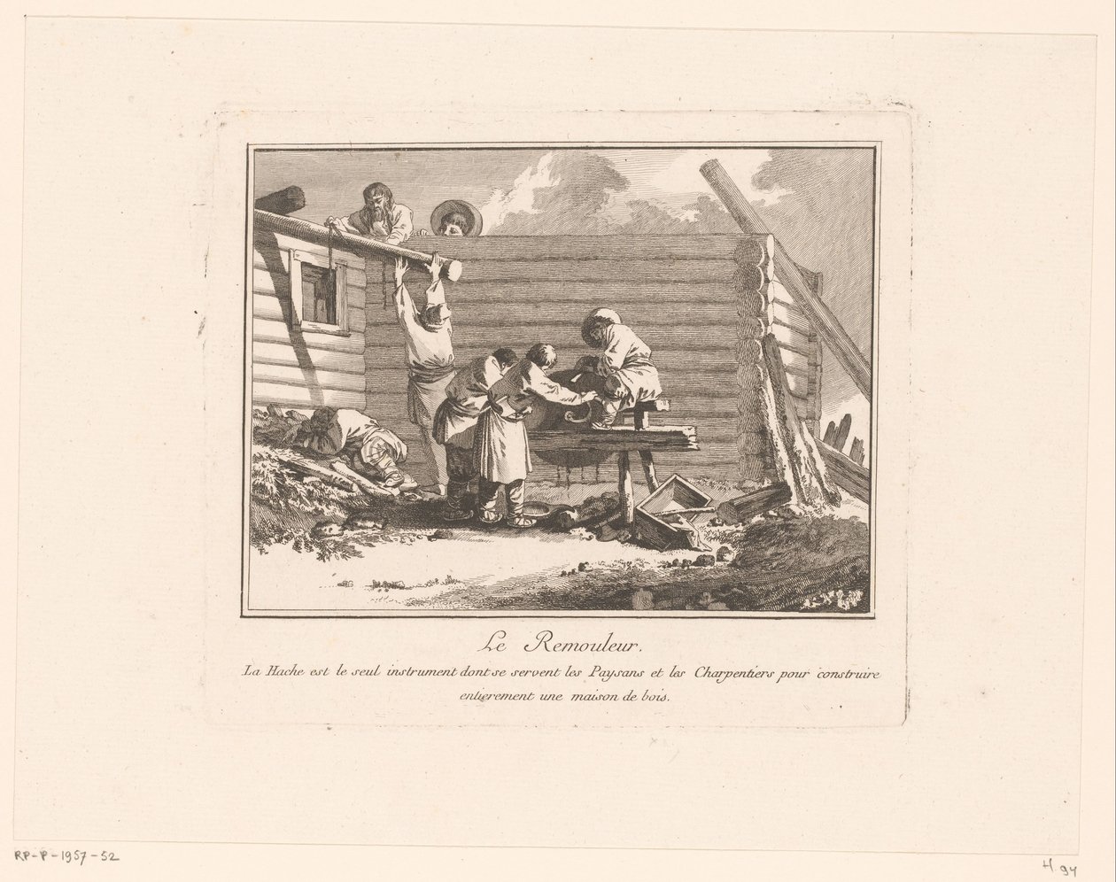 Figurer ved en saksesliber foran et træhus under opførelse Le Remouleur (titel på objekt) af Jean Baptist Leprince
