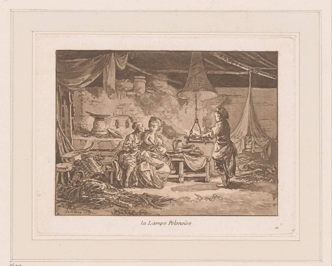 Interiør af en lade med to figurer på en bænk og en mand ved et bål La Lampe Polonoise (titel på objekt) af Jean Baptist Leprince