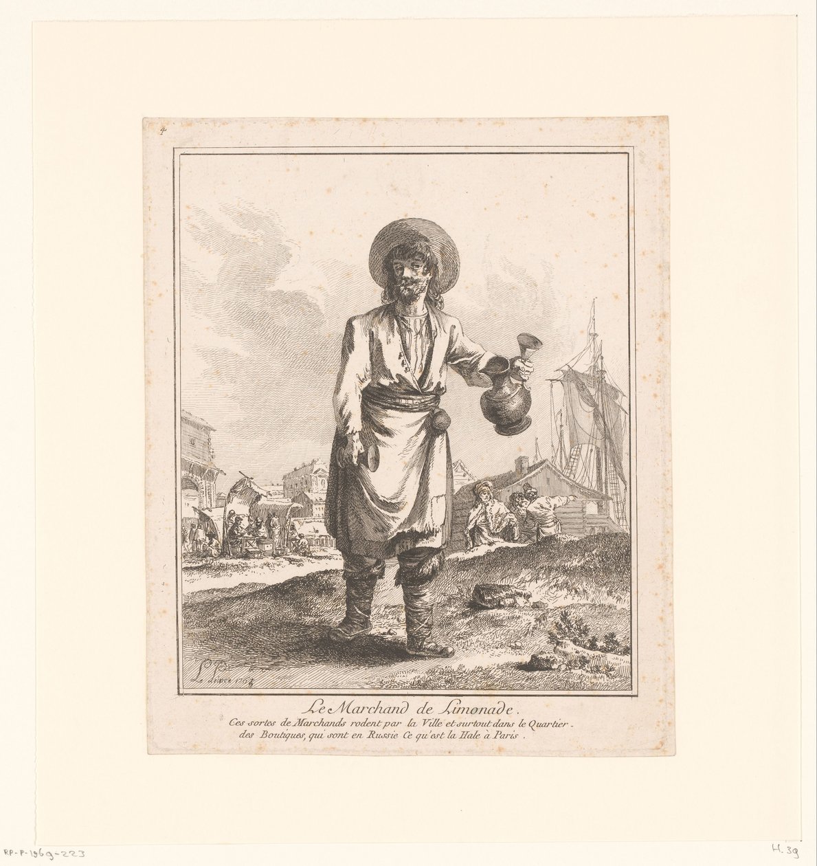 Lemonade sælger Le Marchand de Lemonade (titel på objekt) Handlende og gadesælgere fra Sankt Petersborg og Moskva (serietitel) Premiere Suite de Cris et Divers Marchands de Petersbourg et de Moscou (serietitel) af Jean Baptist Leprince