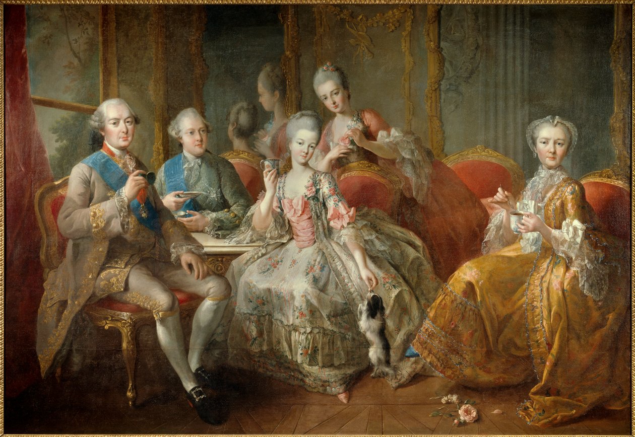 Familien til hertugen af Penthievre i 1768 eller "La Tasse de Chocolat": genforenede portrætter af hertugen af Penthievre (1725-1793), af hans søn, prinsen af Lamballe (1747-1768), af prinsessen af Lamballe (1749) -1792), af hans datter Mademoiselle de Pen af Jean Baptiste Charpentier