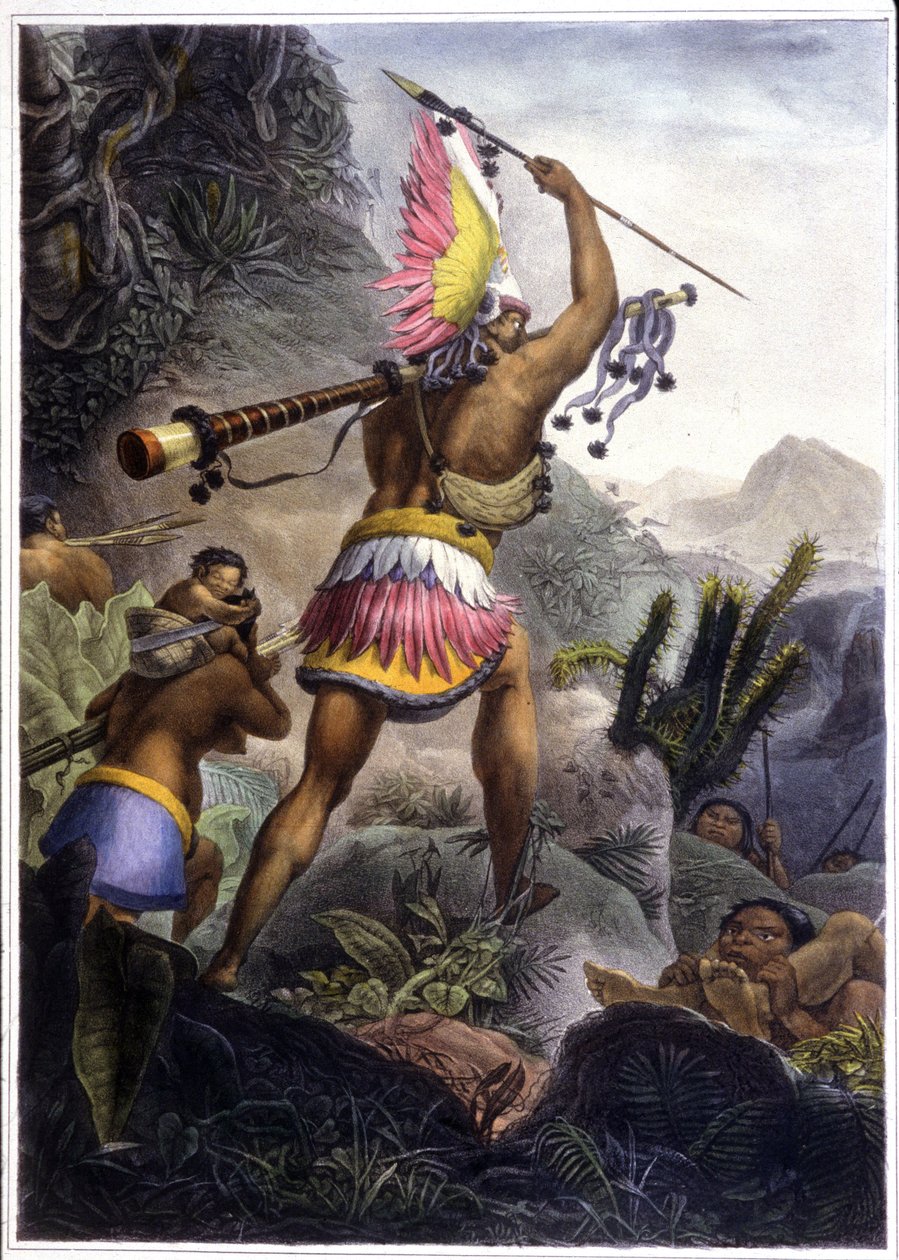 En Coroado-indianer giver signalet til pensionering, 1839 (farve litho) af Jean Baptiste (after) Debret