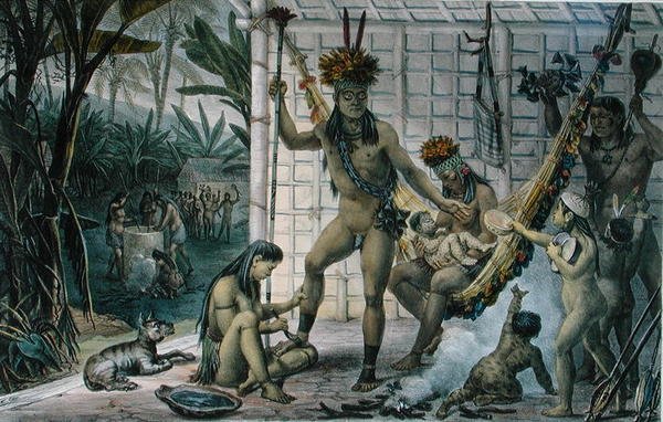 Familie til en Camacan-indianerhøvding, der forbereder sig til en festival, illustration fra 
