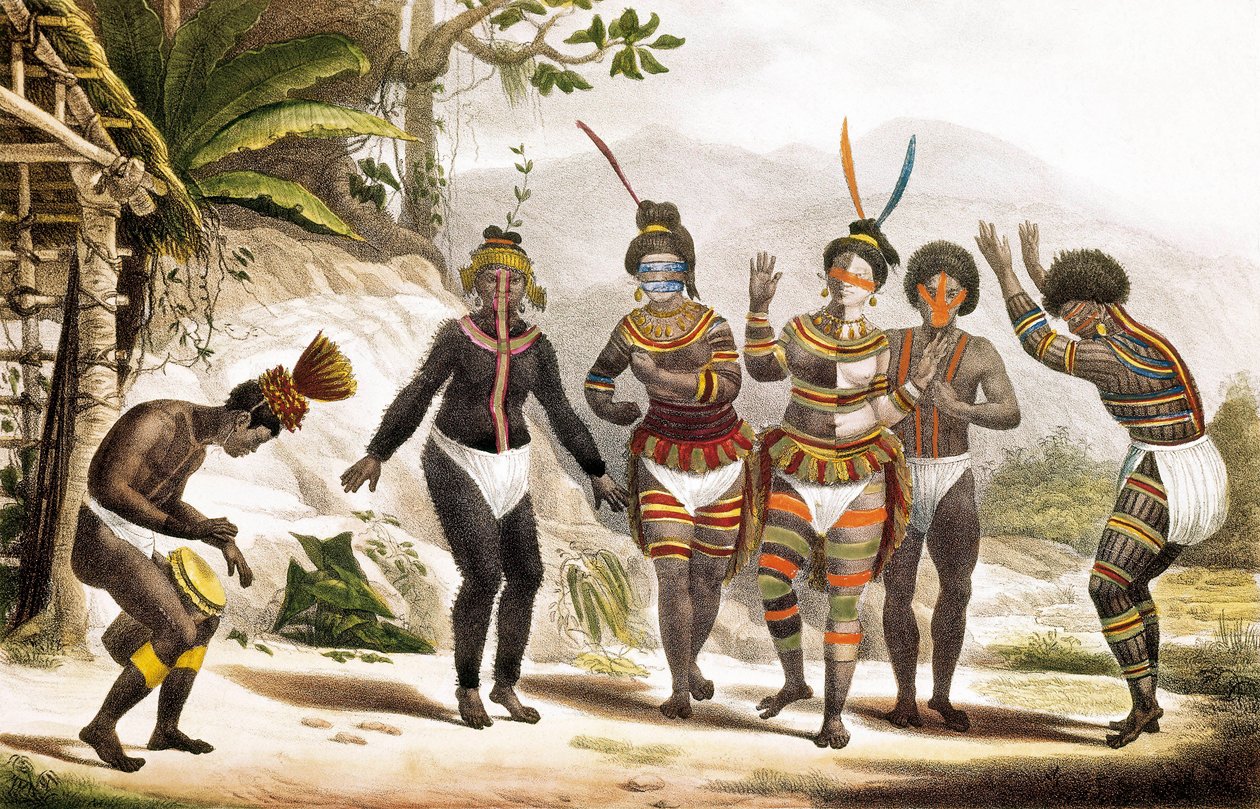 San Jose Mission: Dansende sydamerikanske indianere, Brasilien af Jean Baptiste (after) Debret