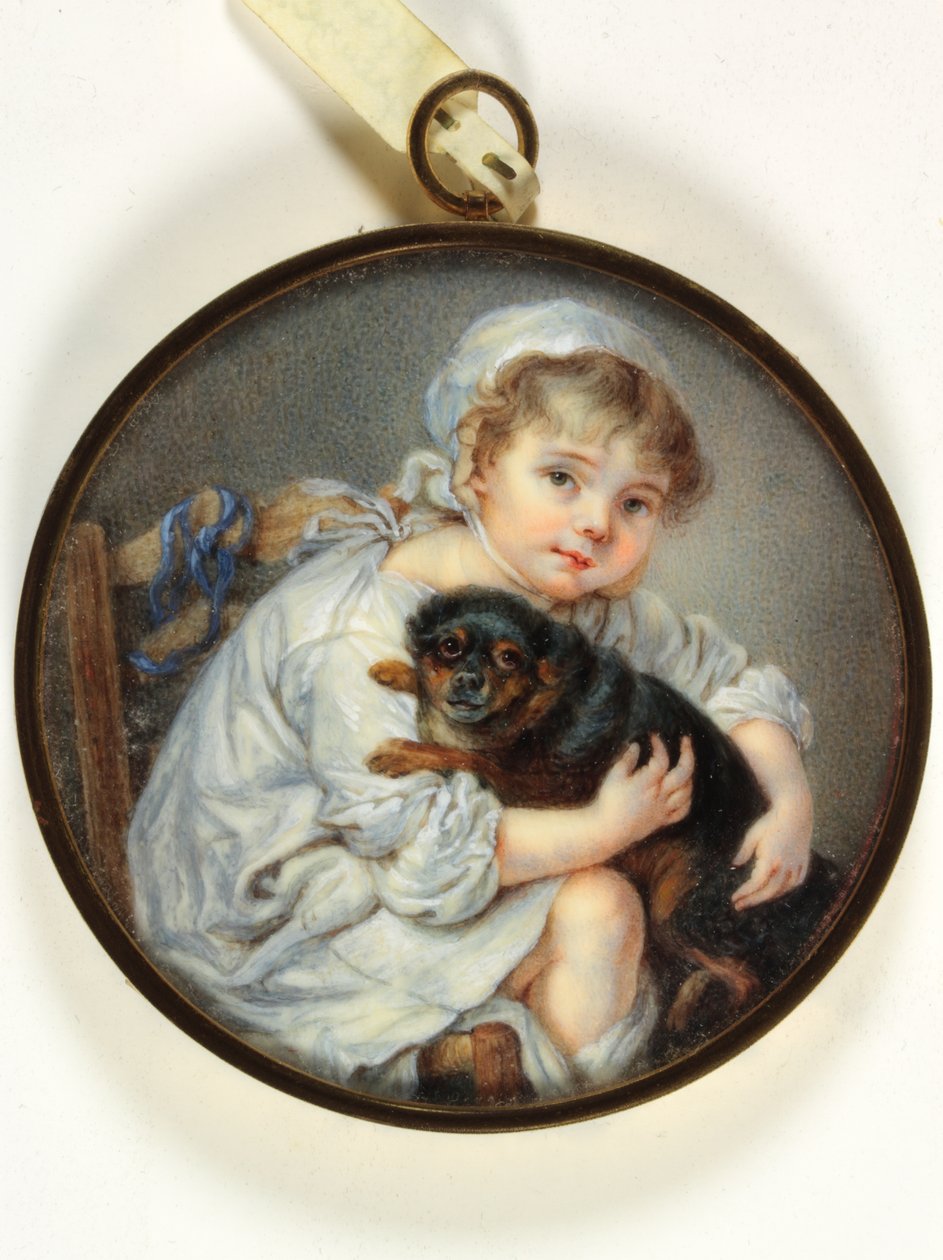 Den lille pige med en hund (emalje) af Jean Baptiste (after) Greuze