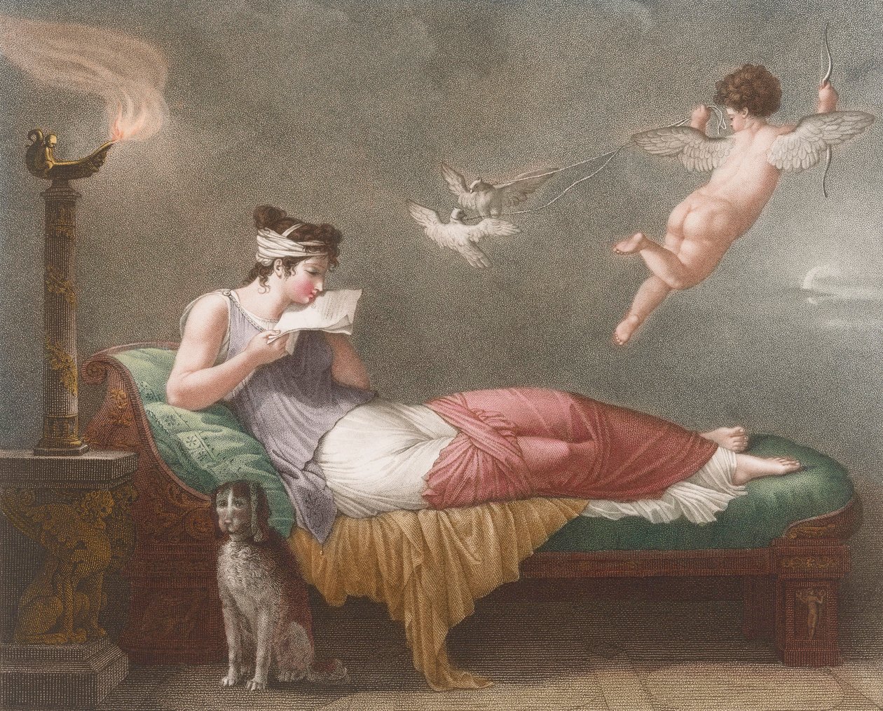 Amor leverer et kærlighedsbrev. 1800-tallet (tryk) af Jean Baptiste (after) Mallet