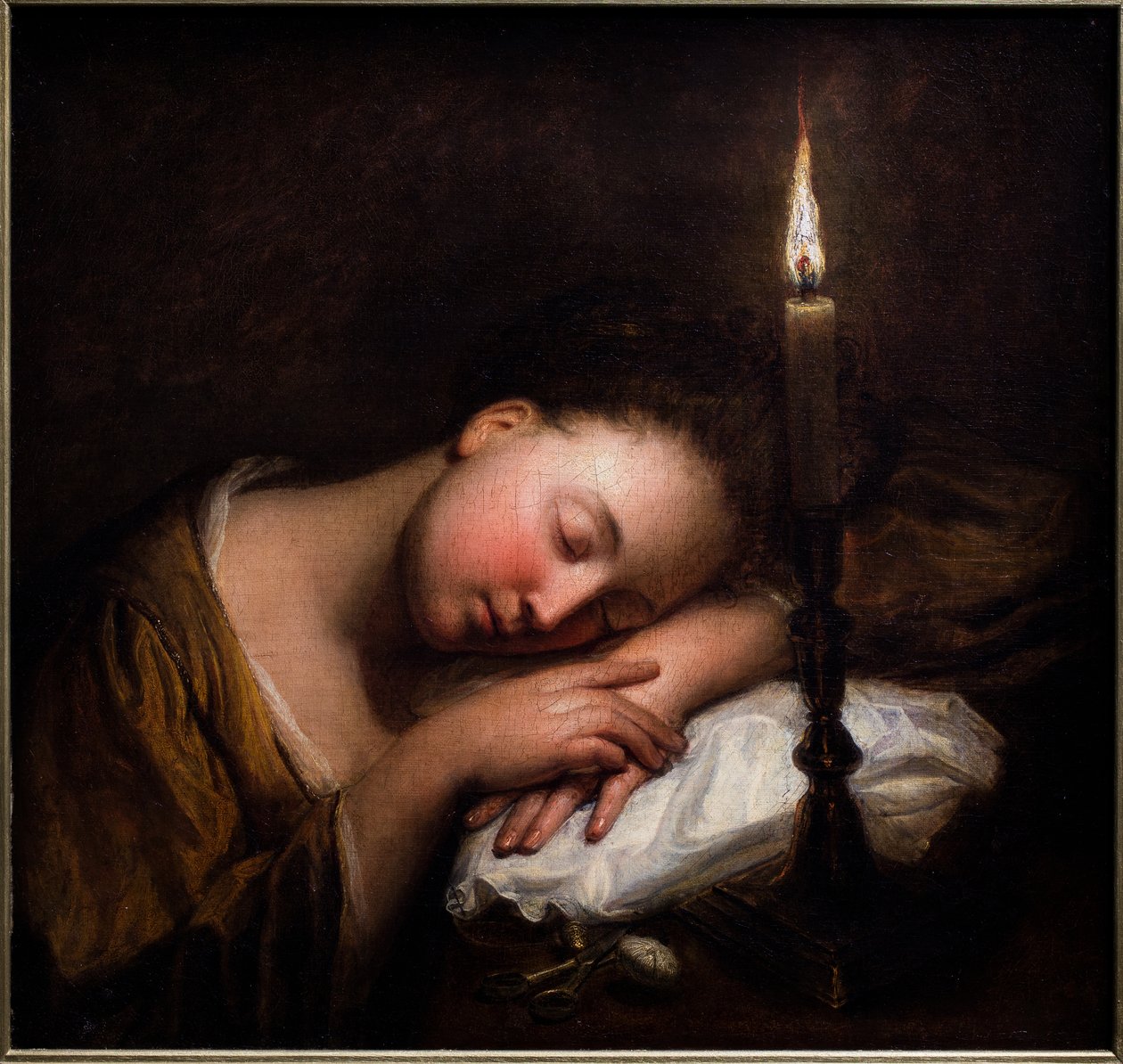 Ung pige sover i stearinlysets skær af Jean Baptiste (after) Santerre